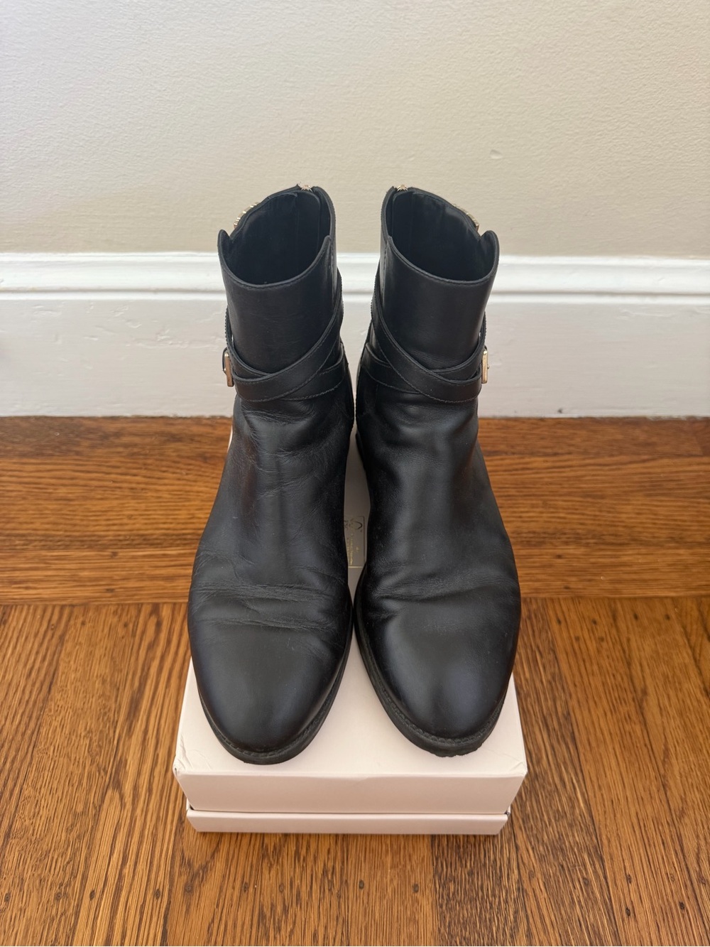 Tory Burch Black Leather Ankle Boots with Gold Hardware